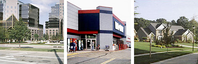 side by side photos of an office building, the parking lot and entrance to Wal-Mart, and a typical suburban home