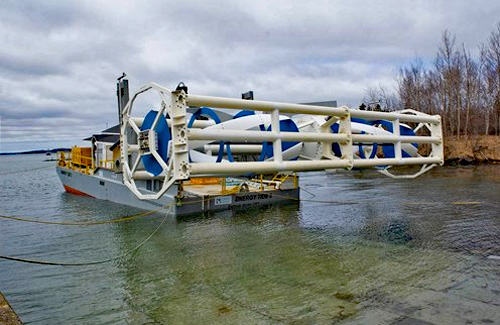 A beta hydrokinetic generator sitting in the water wating to be installed in Maine