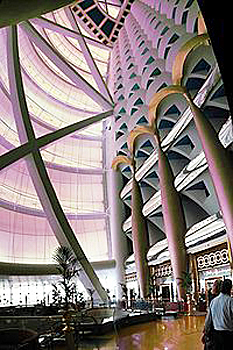 The Burj Al Arab in Dubai has a 180 m (590 ft) tall atrium.