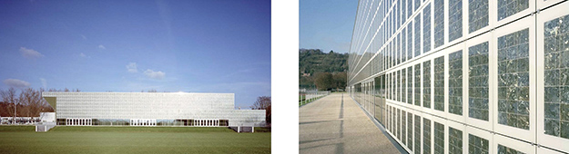 side by side images of building exterior, left, building completed covered by pv modules made up of multi-crystalline silicon cells mounted within oversized white rectangular frames; right, close-up of pv modules that consist of emerald-green, fractured, multi-crystalline silicon cells mounted within oversized white rectangular frames