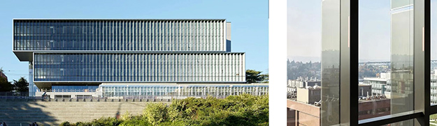 side by side images, left, exterior of building with transparent amorphous silicon vertical fin BIPV installation on the curtain wall; right, intrior close up of photovoltaic fin