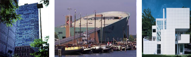 3 images left to right: 1-high-rise building, 2-Metropolis Museum, Amsterdam, and 3-the Giovannitti House