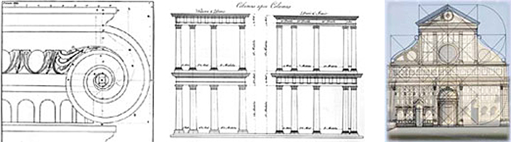 3 images left to right: 1-sketch of Ionic column capital, 2-sketch of Doric order, and 3-sketch of the Santa Maria Novella, Florence, Italy