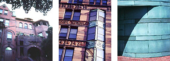 3 images left to right:1-photo of old brick house with architectural elements and articulated windows, close up image of a building with jutting windows and complex textures and colors, and 3-close up image of the outside of a building showing how shadow influences our prerception