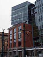 North facade and view of upper curtain wall of the EPA Region 8 Headquarters in Denver CO with access to public transportation integrated into the building design