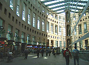 A plaza with an overhead archway system.