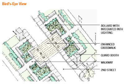 Bird's-eye view of proposed security design solution in zone 5 of campus renovation in a suburban location