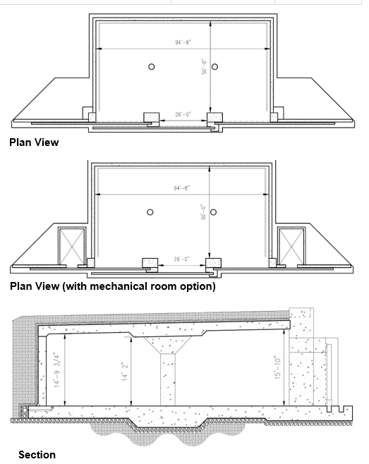 three views of Type G Box ECM: Plan view, Plan view with mechanical room option, section