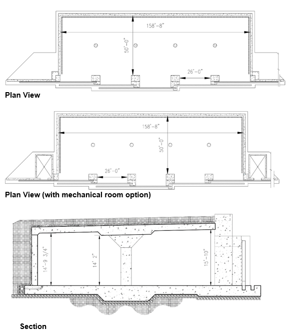 three views of Type H Box ECM: Plan view, Plan view with mechanical room option, section